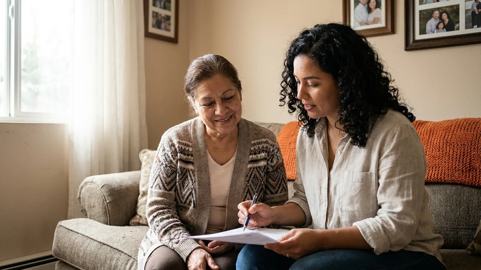 Abuela hispana y su hija adulta repasando juntas papeles de Medicare en el sofa
