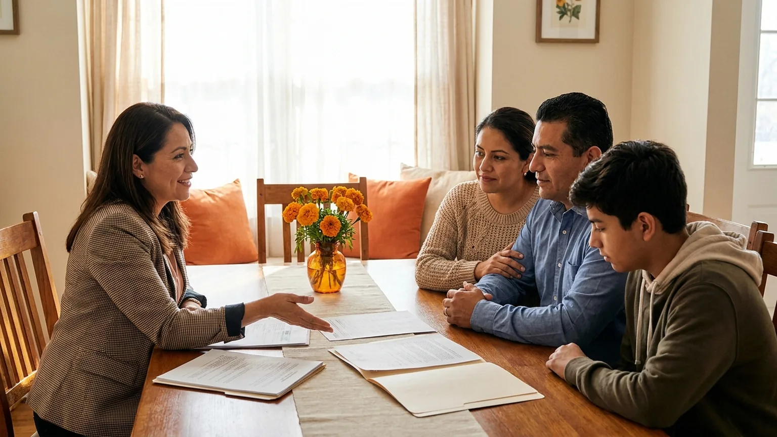 Familia hispana inmigrante asesorada por una agente de seguros en su comedor