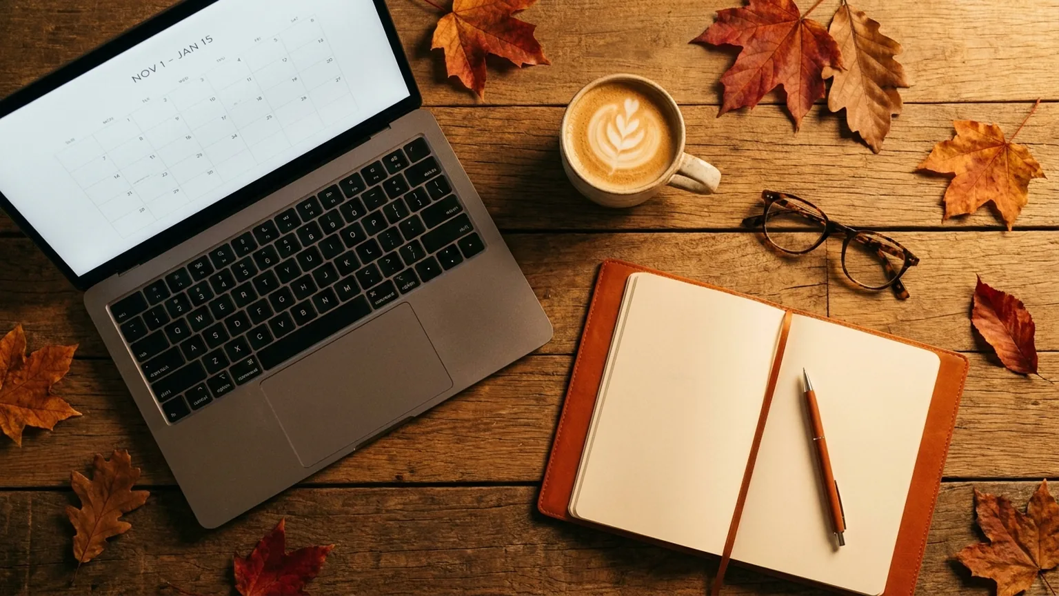Escritorio de trabajo con laptop, calendario, cafe y hojas de otono preparando Open Enrollment