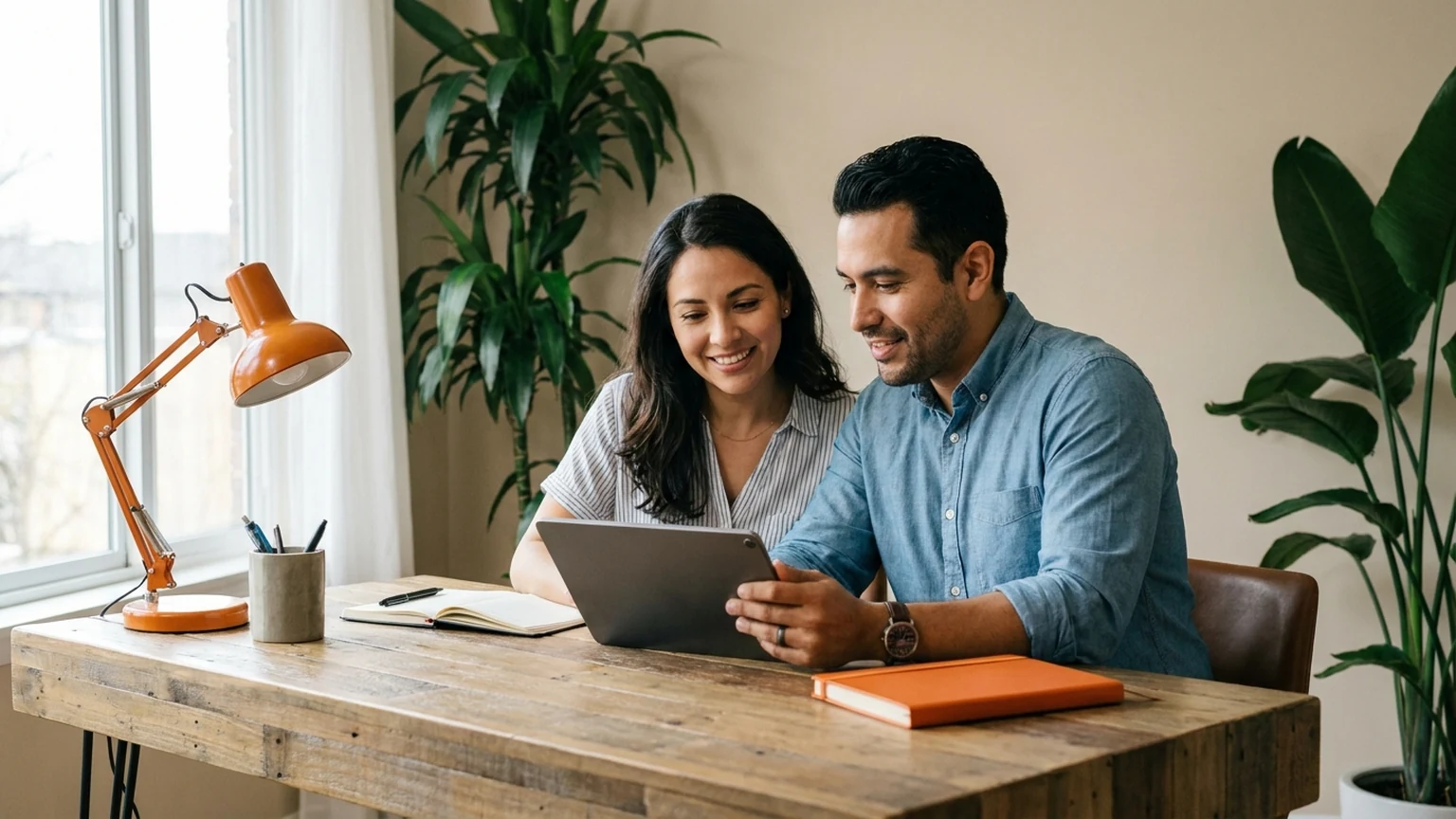 Pareja hispana joven planificando su futuro financiero con un IUL en tablet