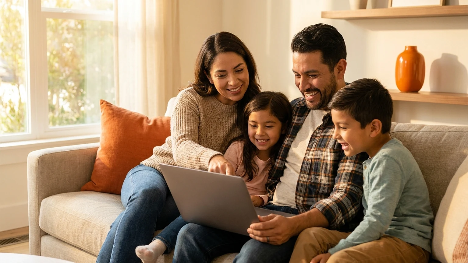 Familia hispana revisando opciones de Obamacare en laptop desde su sala