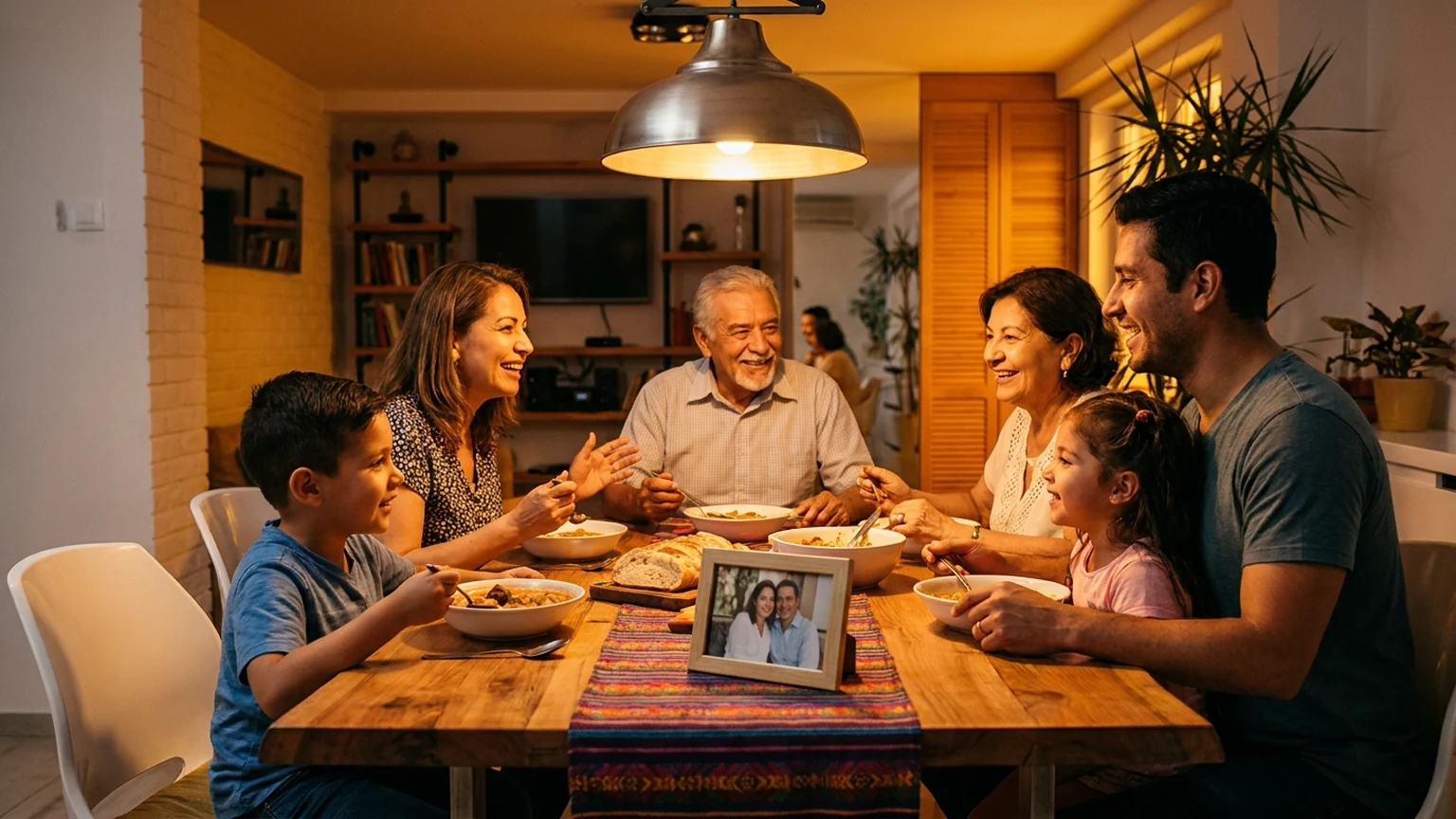 Familia hispana multigeneracional compartiendo una cena calida en casa