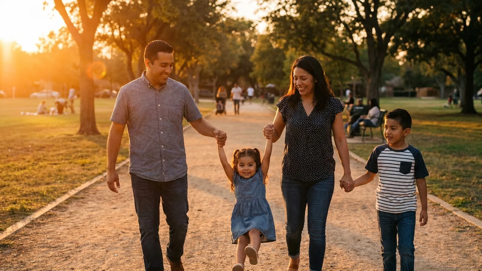 Familia hispana caminando feliz al atardecer en parque suburbano de USA